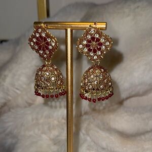 Pakistani / Indian Elegant Gold and Red Jhumka Earrings